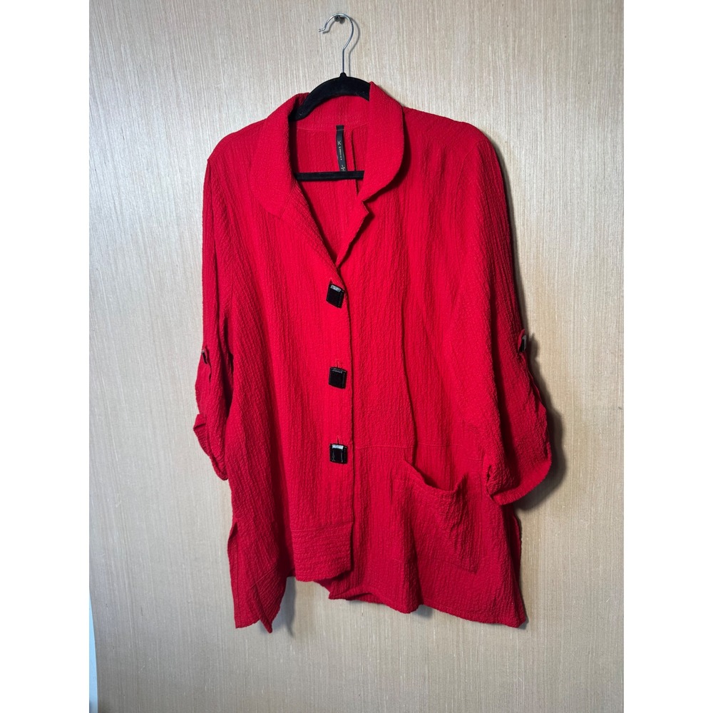 IC by Connie K Red Crinkle Textured Button Front Shirt Jacket Womens Large USA